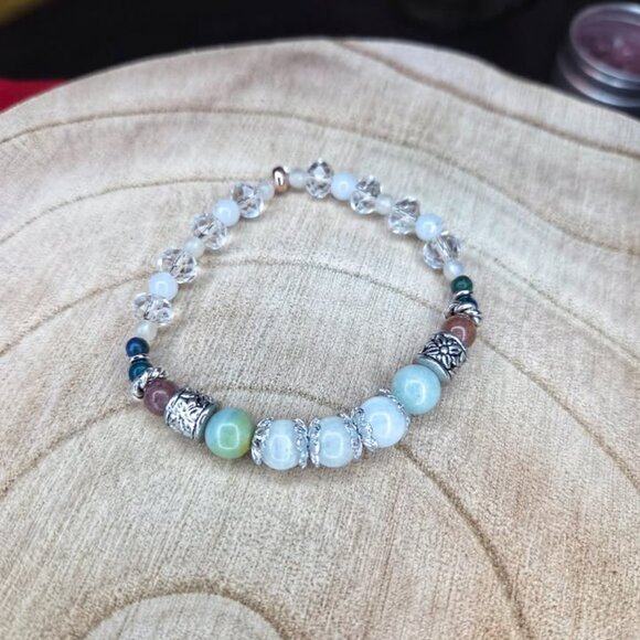 Amazonite, Moonstone, Chrysocolla & Strawberry Quartz Stretch Beaded Bracelet - Picture 1 of 6